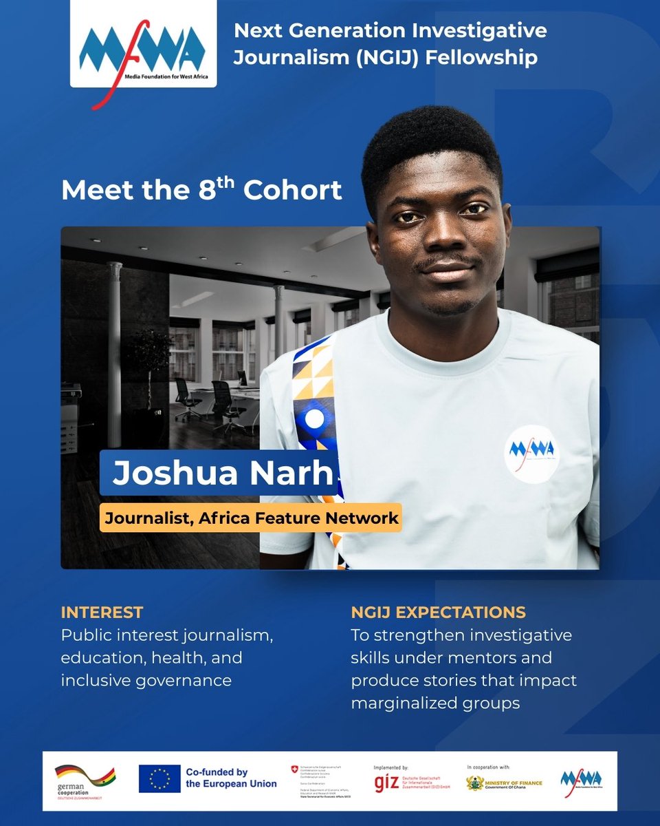 TheMFWA's tweet photo. Meet Joshua, one of the 10 Fellows in our 8th NGIJ Cohort.

Follow his #NGIJourney and get to know the story behind the journalist.

Read his full profile here: https://t.co/xQFWpI27bx

#8thNGIJ #PAIReD #EUandYouAgainstCorruption #FightingCorruptionInGhana

@EuropeInGhana https://t.co/BmNngbXsWP