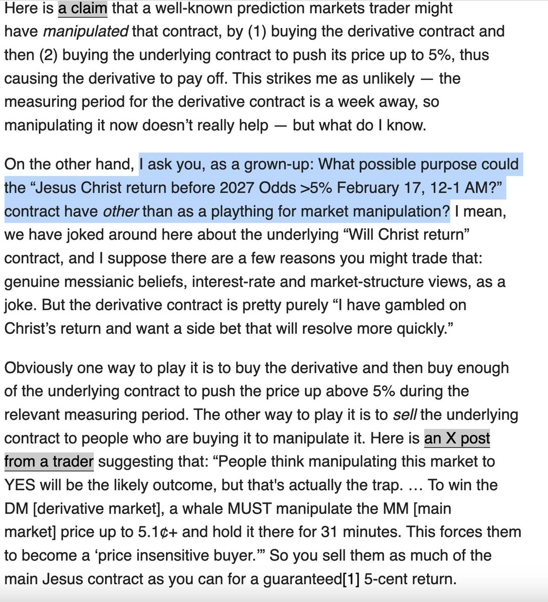 MattZeitlin's tweet image. "I ask you, as a grown-up: What possible purpose could the 'Jesus Christ return before 2027 Odds &amp;gt;5% February 17, 12-1 AM' contract have other than as a plaything for market manipulation?