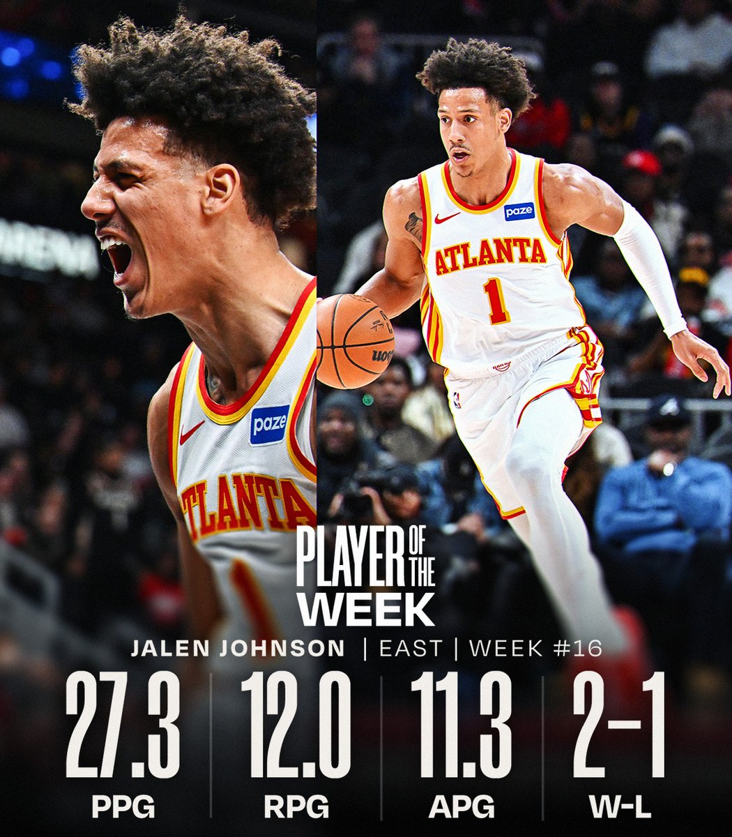 NBA's tweet photo. NBA Players of the Week for Week 16.   

West: Stephon Castle (@spurs) 
East: Jalen Johnson (@ATLHawks) https://t.co/TMP9lzvcln