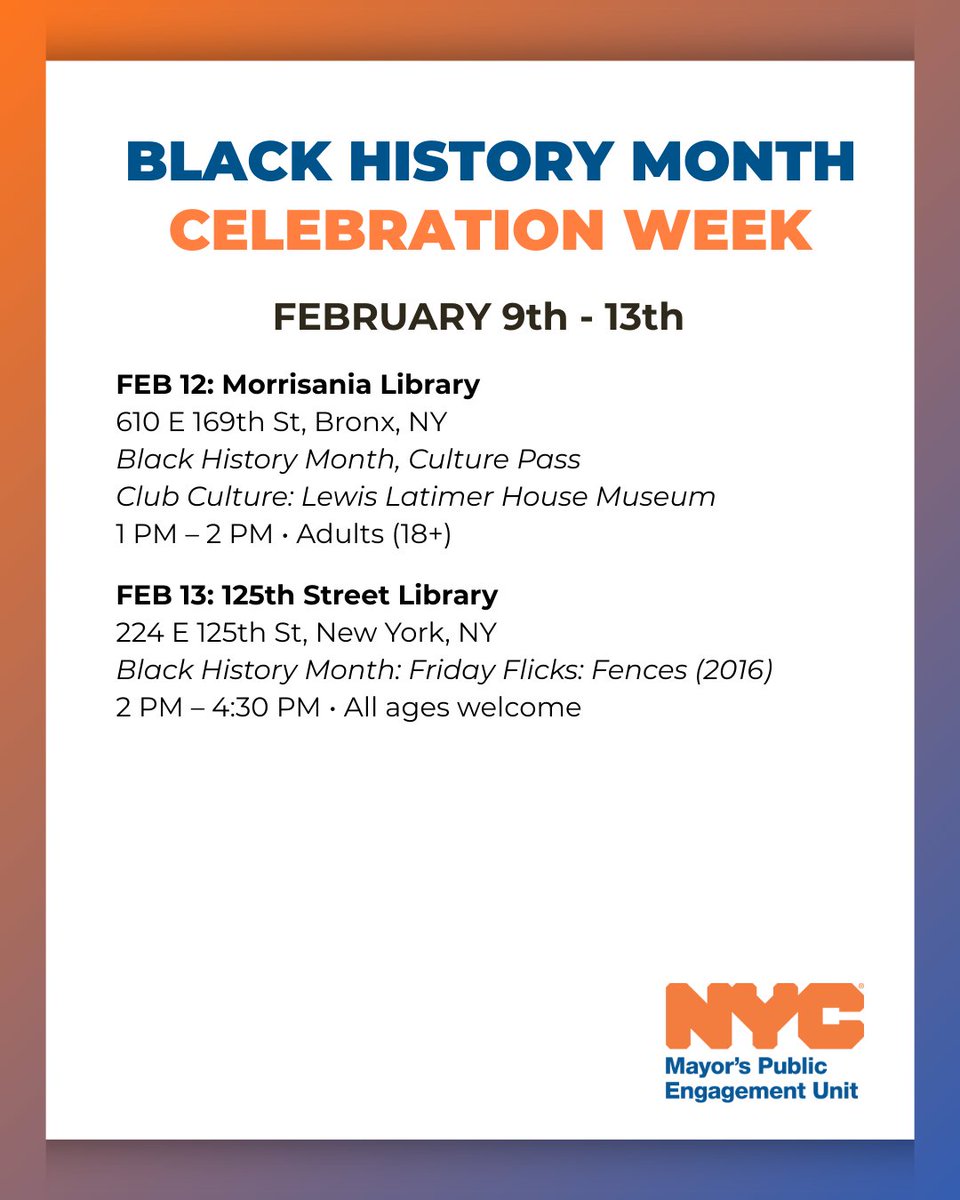 MayorsPEU's tweet photo. Celebrate Black History Month across NYC for FREE.
Discover special events, books, and family activities honoring Black history and culture at your local library.
#BlackHistoryMonth #NYCEvents #FreeNYC #NYCLibraries #FamilyFun #ThingsToDoNYC https://t.co/IM7lNbg7pc