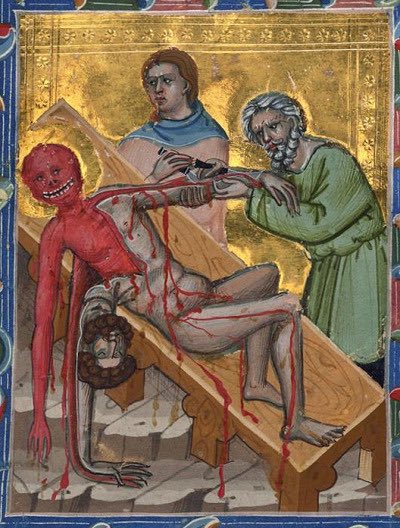 Detail of the Martyrdom of St. Bartholomew, from the miniatures of the House of Anjou of Hungary, 1325-1335 AD... 

Bartholomew was just one of many Christian martyrs who suffered a gruesome demise. St. Lawrence was roasted alive on a grill over hot coals. St. Euphemia was fed to