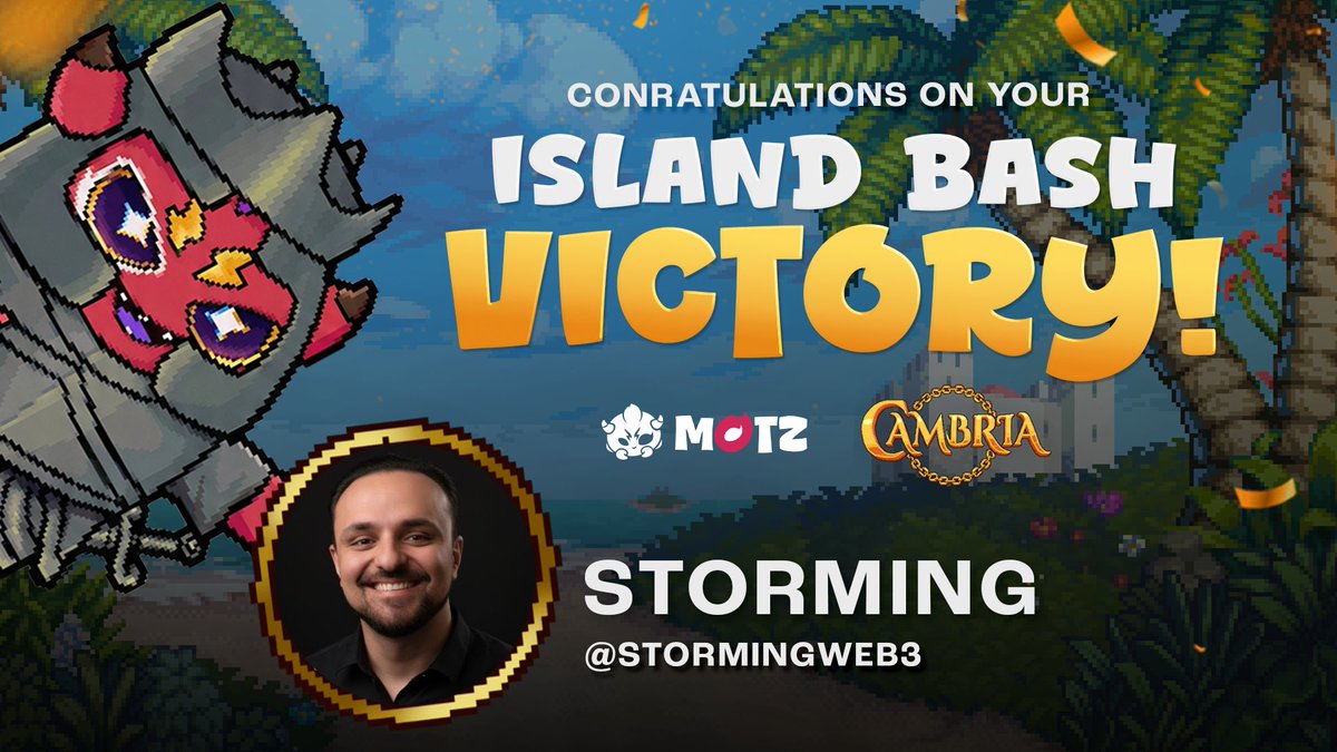 The first MoTZ <a href="/playcambria/">Cambria</a> Island Bash champion has been crowned!

Congratulations <a href="/StormingWeb3/">Storming</a> from <a href="/TempestGuild/">Tempest Gaming Guild</a> 🎉

Thank you to all the participants, viewers, and clippers who attended the event!

Look out for more in the future 🏝️