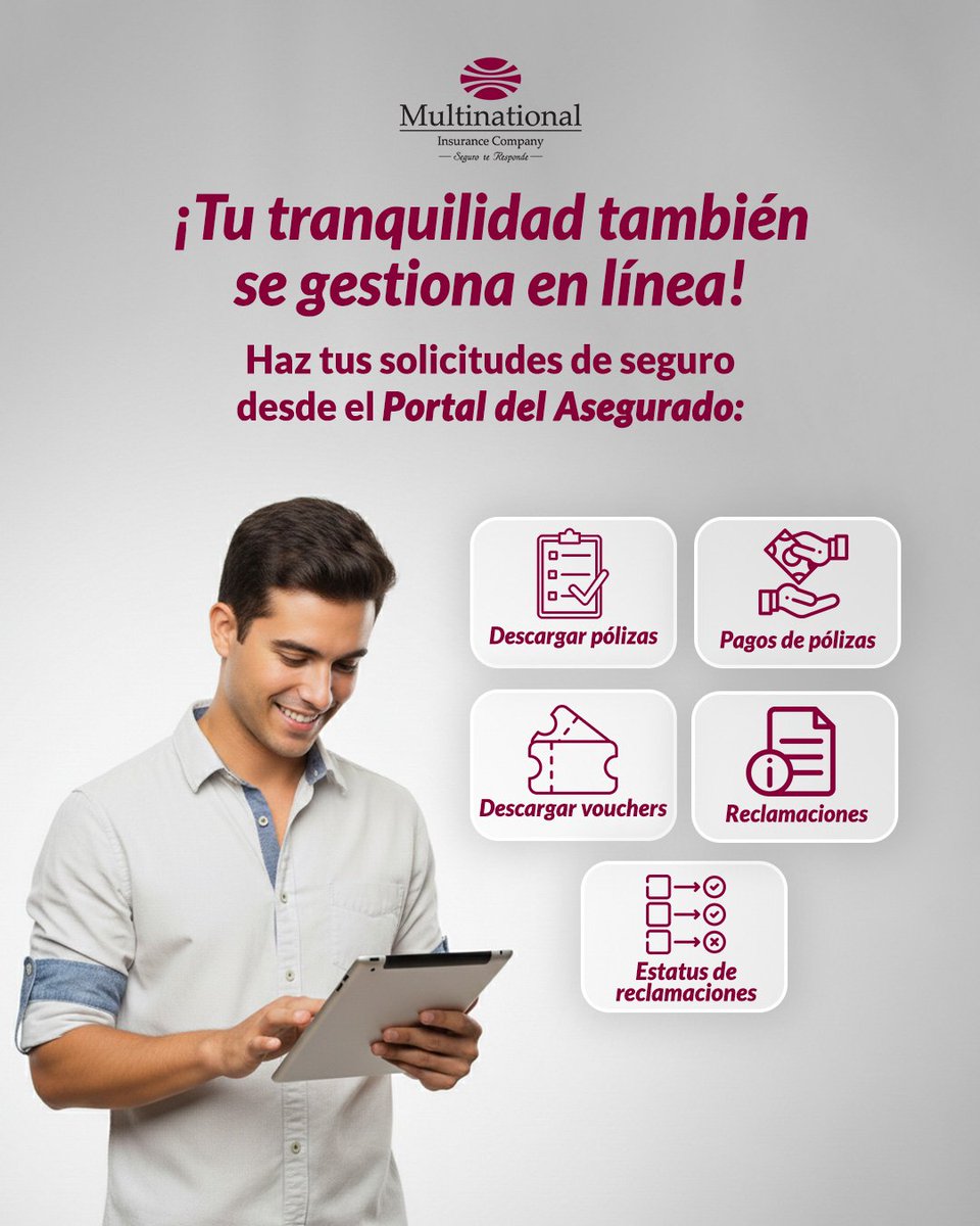 SeguroTresponde's tweet photo. Ingresa a nuestro Portal del Asegurado y haz tu solicitud de seguro en línea, sin moverte de casa. 💻​🏠​

Tendrás la posibilidad de gestionar:

* Reclamaciones para todas tus pólizas
* Consultar el estatus de tus reclamaciones
* Descargar tus pólizas https://t.co/a5CX61iopn