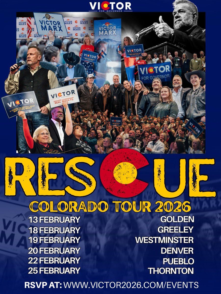 victormarx's tweet photo. 🇺🇸 Rescue Colorado Tour kicks off THIS FRIDAY in Jefferson County, CO. 

Colorado is hurting. Families are hurting. Seniors are hurting. And I refuse to sit on the sidelines while our state cries out for rescue.

That’s why I’m hitting the road for the Rescue Colorado Tour — starting February 13th in Golden, then Greeley, Westminster, Denver, Pueblo, Thornton, and more soon.

This isn’t about politics. It’s about people. It’s about restoring common sense, affordability, safety, and hope.

Come stand with me. Also, hear from special guest speakers who are ready to take Colorado back. 🇺🇸

👉🏼Details & Registration : https://t.co/ViaJrxN5qg