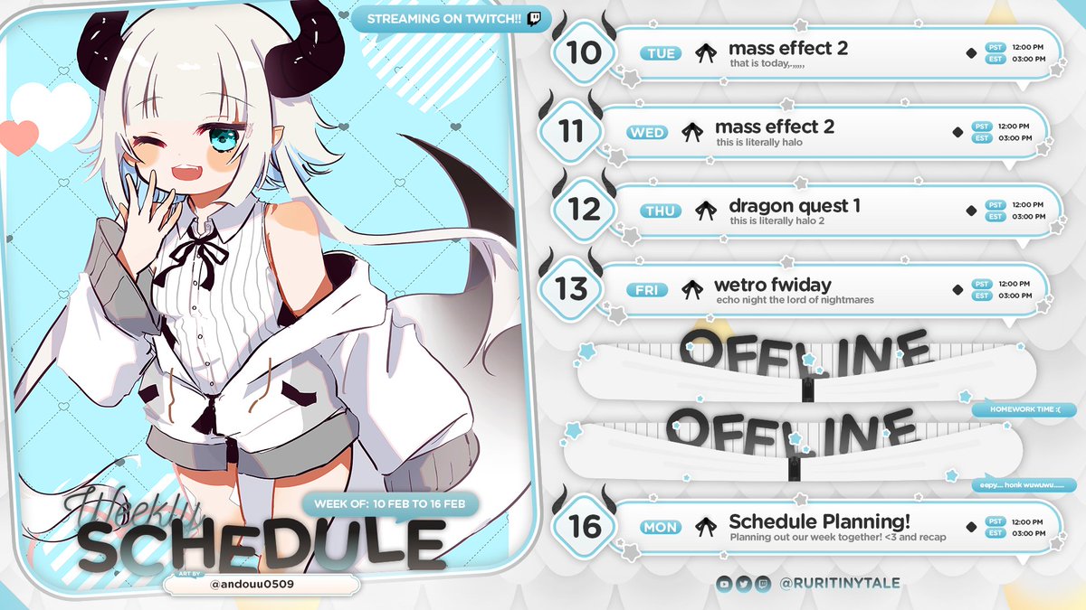 RuriTinytale's tweet photo. WEEK 73
🔳SCHEDULE 02/10〜02/16🔳
gonna try to finish up some of the games we started!!! + spooky game on friday the 13th
🩶live: #RuriTinytale
🖤art: #RoodleDoodles
🩶memes: #wuwicoded
🖤clips: #tinyRuri https://t.co/Bs56cTuZ9Q