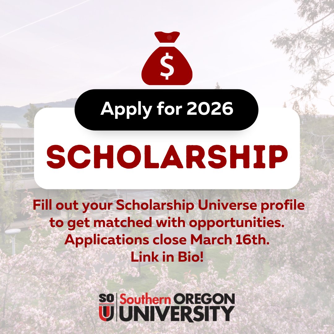 Scholarships are open for Southern Oregon University students 🎓💸 Apply through Scholarship Universe to get matched with opportunities, including awards from AAUW Ashland worth $4K–$6K. Deadline March 16. sou.edu/financial-aid/…