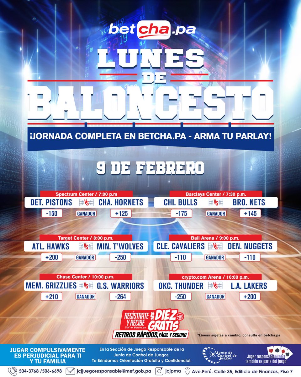¡Noche de 🏀! 

Buenos partidos para armarse un parlay ✔️

Repasa la jornada completa en betcha.pa, elige tus piques y arma tu combinada ✍️

📲 Regístrate en betcha.pa y recibe $10 DE BONO para tu primera apuesta ➡️ bit.ly/34yIDRQ