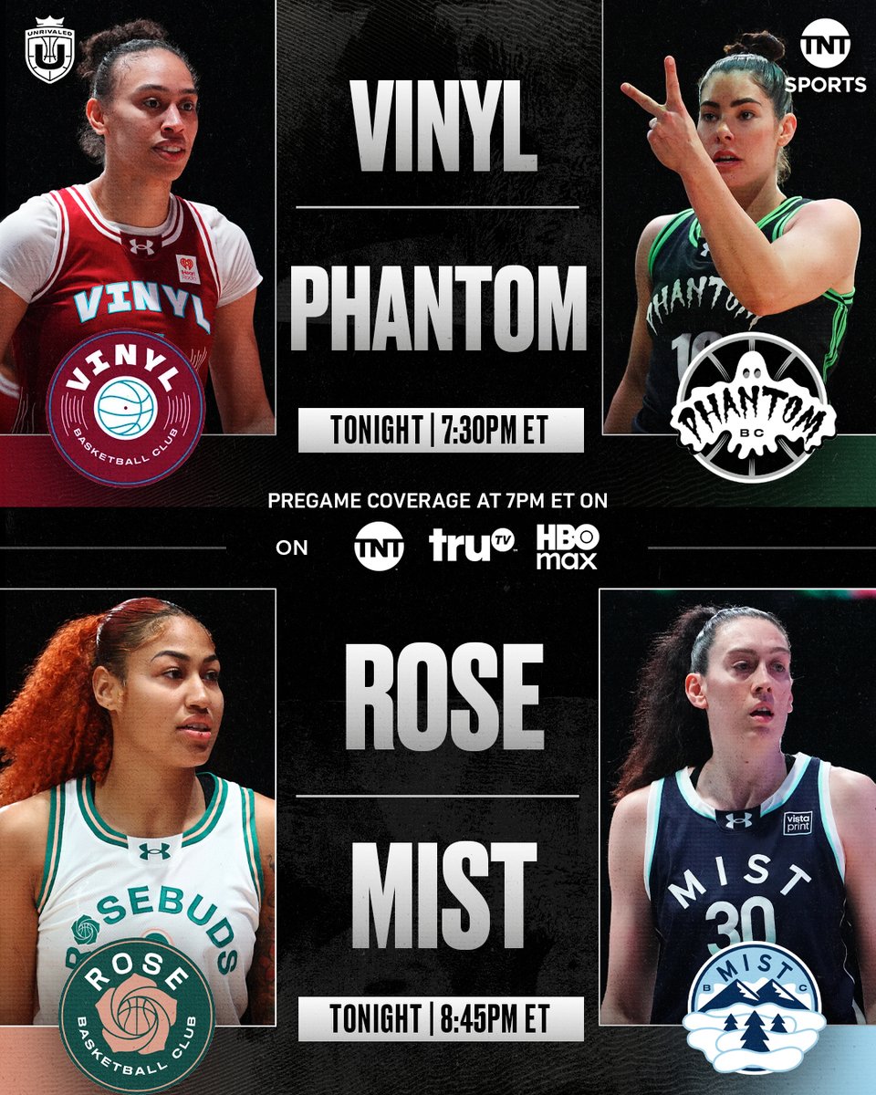 TNTSportsUS's tweet photo. Double-header @Unrivaledwbb hoops tonight ahead of the 1-on-1 tournament this week 👀🔥

Vinyl vs Phantom // 7:30pm ET
Rose vs Mist // 8:45pm ET https://t.co/NHxCnPIGeR