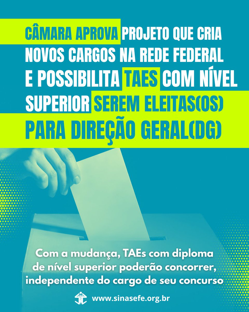 Defesa da Educação | A Câmara dos Deputados aprovou um substitutivo ao PL 5.874/2025 que altera a Lei nº 11.892/2008.

Dentre as novidades previstas no texto está elegibilidade de TAEs com diploma de nível superior para o cargo de Direção Geral

Leia mais: sinasefe.org.br/site/projeto-a…