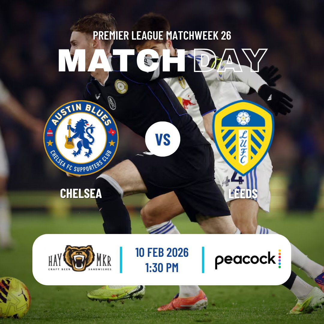 Back at home against Dirty Leeds. Join us at Haymaker if you can!

📺: Peacock
📅: Tue 10 Feb 1:30pm
🏟: Stamford Bridge
📍: @haymakeraustin

Haymaker Drink Specials:
- $2 off TEXAS PINTS
- $2 off TEXAS LIQUORS

#AustinBlues #SXSW6 #chelseafc #ktbffh