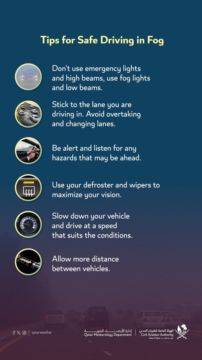 qatarweather's tweet image. إرشادات القيادة في الضباب 
#قطر

Tips for safe driving in fog 
#Qatar