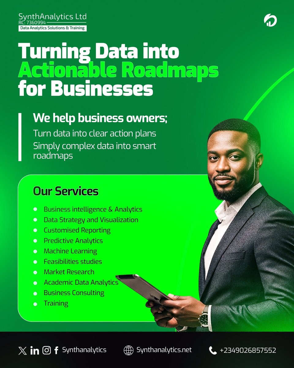 Synth_analytics's tweet photo. Running a business already comes with enough uncertainty
Many business owners have numbers, reports, and insights… but still struggle to turn them into clear next steps.
Growing a business is hard enough, let us help you make your data work for you, making it easier😁🫱🏾‍🫲🏾 https://t.co/LPK1sBFscU