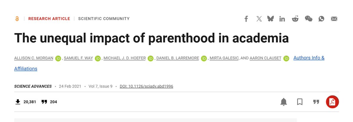 Tener el primer hijo reduce la productividad científica de las madres (no la de los padres) y la brecha aparece justo después del nacimiento. Esa pérdida se traduce entre 3 y 13 artículos menos para las mujeres frente a los hombres, según la disciplina. 10.1126/sciadv.abd1996