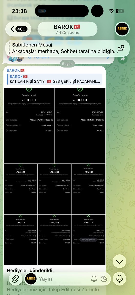 Hediyelerimiz gönderildi. Her hafta sonu bu etkinliği yapıyoruz tek yapman gereken telegramı takip etmek. 

Telegram: t.me/barokuz