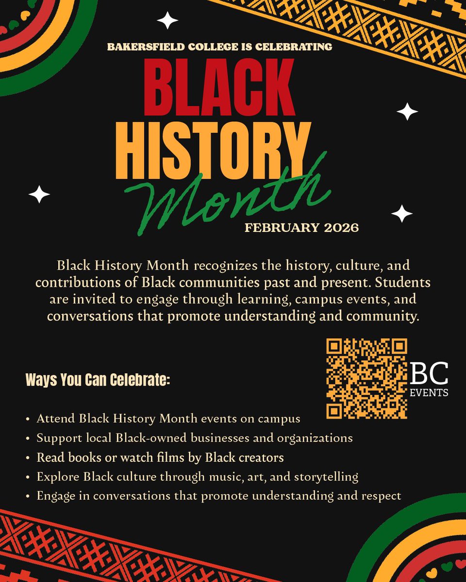 Honoring the past, celebrating the present, and building the future ✊🏾✨ Join Bakersfield College as we celebrate Black History Month all February with events, learning, and community. Scan for events &amp; show up 💛🖤❤️
#BlackHistoryMonth #BCEvents #StudentLife