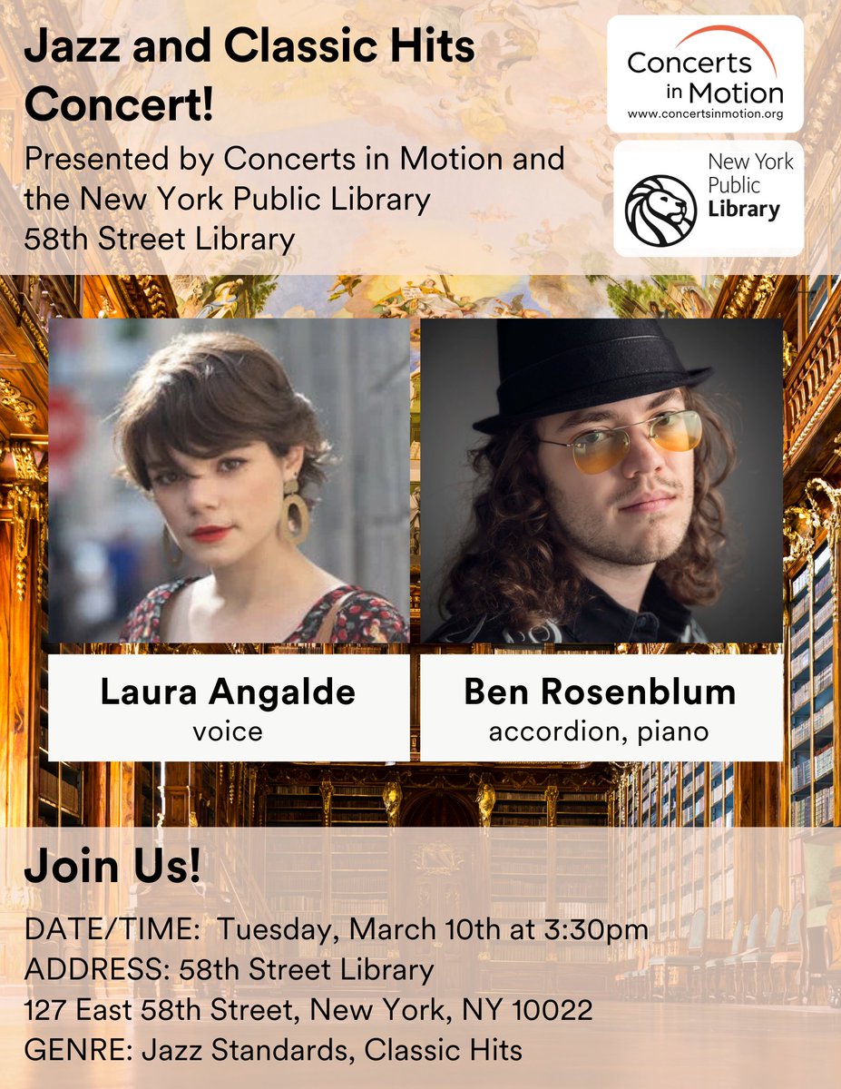 58STLIBRARY's tweet photo. Hi friends! Join us at 58th Street Library for Concerts in Motion. Mark your calendars for March 10th at 3:30pm. Check out the details below: https://t.co/jV7xU56YQq