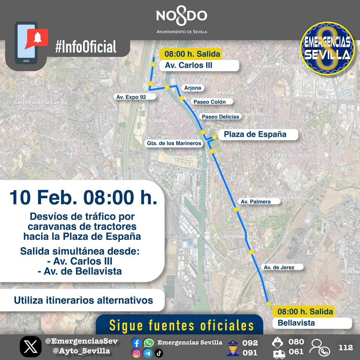 EmergenciasSev's tweet photo. 🟥Un dispositivo especial de Policía Local activará mañana desvíos de tráfico en Sevilla, con ocasión de dos marchas simultáneas de tractores hacia la Plaza de España.
Numerosos tractores, desde diferentes puntos de la provincia, se desplazarán hasta dos puntos de concentración en #Sevilla: Av. Carlos III y Av. de Bellavista. Efectivos de @guardiacivil activarán los desvíos necesarios para esta aproximación a la capital

➡️Sobre las 08:00 h. llegaran hasta los puntos de concentración para iniciar la marcha hasta la Glorieta de Marineros, accediendo al Parque de Mª Luisa y Plaza de España, por los siguientes itinerarios:
1⃣ Av. de Bellavista, Av. de Jerez, Paseo de la Palmera - Glorieta de los Marineros.
2⃣ Av. Carlos III, Av. Expo 92, Puente Cristo de la Expiración, Arjona, Paseo Colón, Paseo Delicias, Glorieta de los Marineros.
⬅️Retorno: Sobre las 15:00 h. iniciarán el retorno, por los mismos recorridos hacia los puntos de concentración. Desde aquí saldrán del término municipal.

Planifica tus desplazamientos y utiliza itinerarios alternativos.
Sigue las indicaciones de los agentes de @guardiacivil en las vías interurbanas y Policía Local en #Sevilla.
📲Consulta el estado de las carreteras en https://t.co/ZeCbvLF4Jq @DGTes 

Gracias por tu colaboración.
#SeguridadCiudadana @Ayto_Sevilla