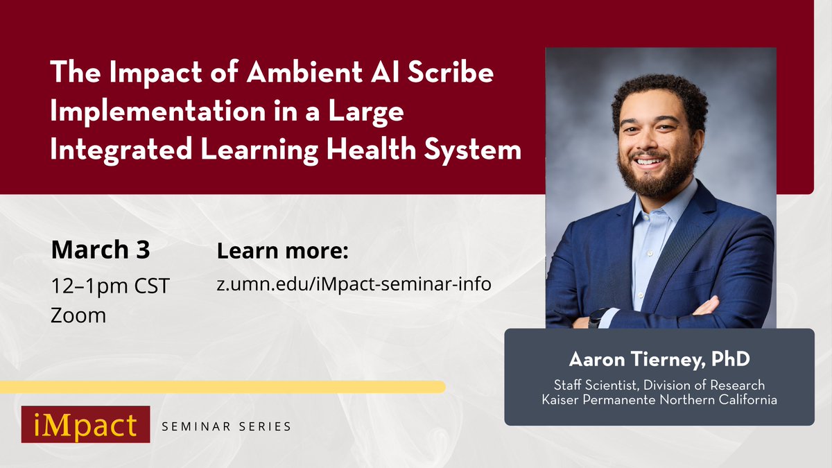 umnclhss's tweet photo. On March 3, Dr. Aaron Tierney will share findings from an ambient AI scribe deployment at a #learninghealthsystem.

His talk will offer insights for other researchers looking to conduct similar interventions.

Register now: https://t.co/grgjibMgzv https://t.co/3Kb631k3PR