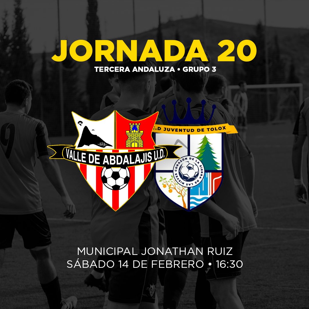 ✍️🏼 ¡Este sábado tienes una cita!

⚽️ Nos visita el actual líder de nuestro grupo. Primera de las tres finales en casa en busca del ascenso.

🔥 ¡NO FALTES! 🔥

🆚 CD Juventud de Tolox
🏆 Jornada 20
📅 Sábado, 14 de febrero
⌚ 16:30 horas
🏟 Municipal Jonathan Ruiz

#ValleTolox