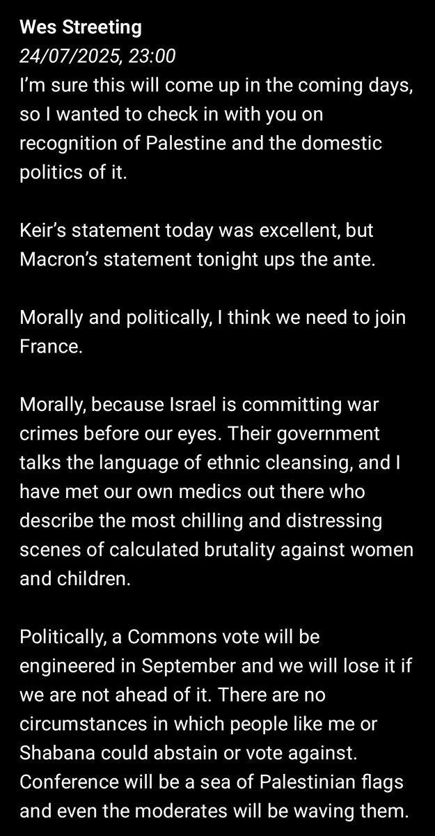 I_amMukhtar's tweet photo. Wes Streeting released private WhatsApp messages between him and Peter Mandelson.

Wes privately admitted that Isreal was committing a war crime. He only published this thinking that it would make him look good, but it actually does the opposite. https://t.co/lXIriPhUjg