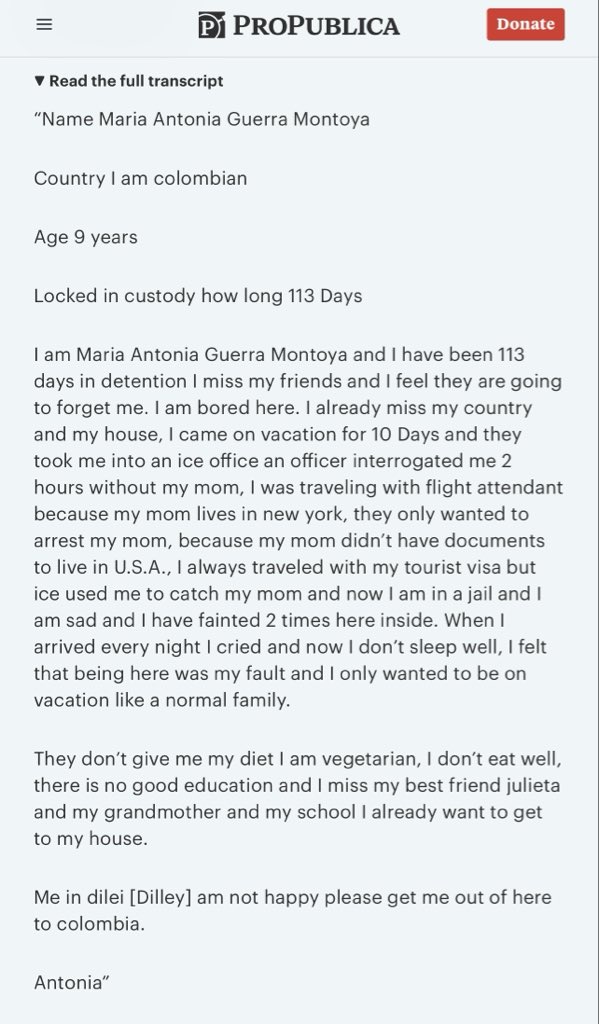 A 9 year old from Colombia came on a tourist visa to visit her mom in NY.

Detained for 113 days as of this letter.

“ice used me to catch my mom and now I am in a jail.”

“I felt that being here was my fault and I only wanted to be on vacation like a normal family.”