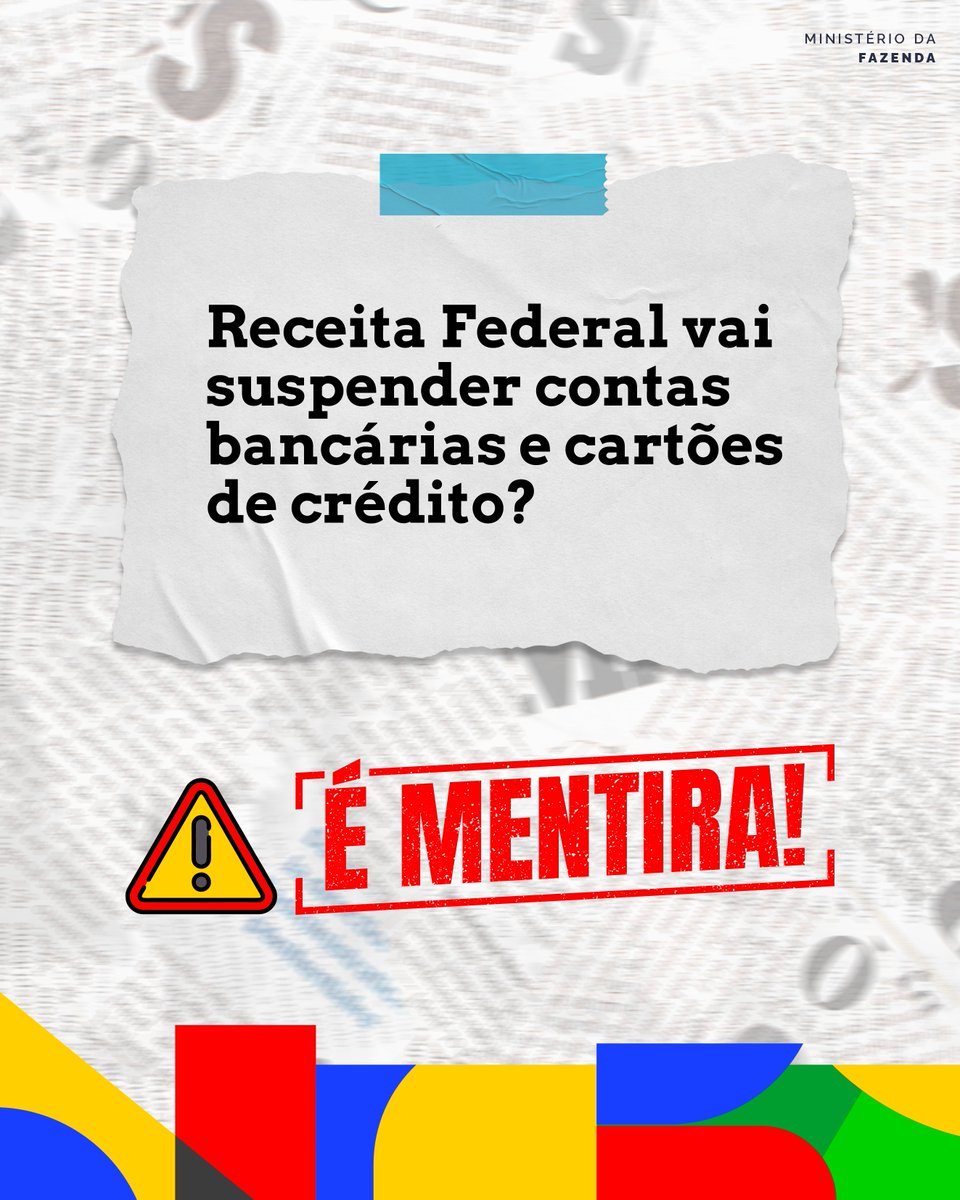 MinFazenda's tweet image. 🚨 Atenção: é FAKE NEWS!

Não é verdade que a Receita Federal vai suspender contas bancárias ou cartões de crédito de contribuintes. Isso simplesmente não existe e nem poderia acontecer.

Compartilhe esta informação e ajude a combater as fake news: bit.ly/3Ovd81W