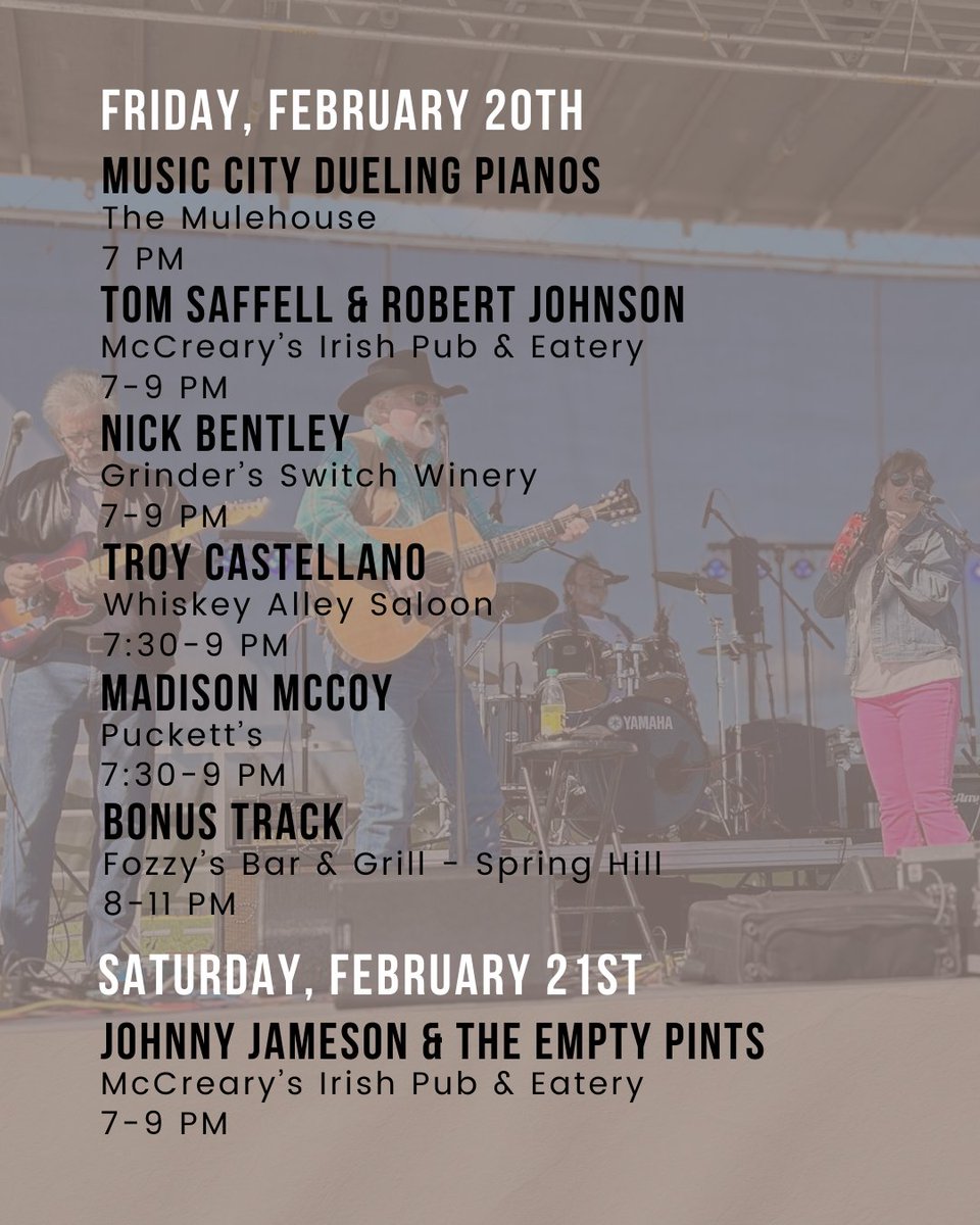 experiencemaury's tweet image. 🎶 Get ready to rock! 🎸 Check out next week's (Feb 16th-22nd) LIVE MUSIC LINEUP!🎤✨

#LiveMusic #Events #ExperienceMaury