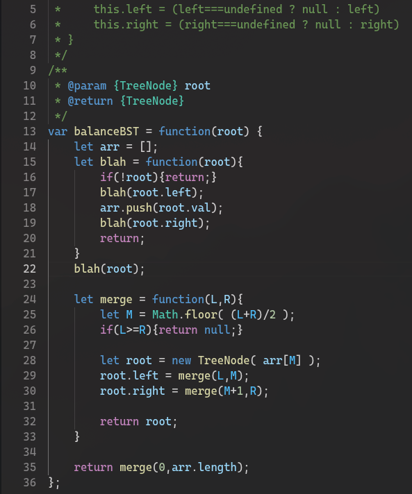 DevGod9's tweet photo. #LeetCode 1382, using divide &amp; conquer to height balance a given binary search tree. Since it's already a BST input, we can inorder traversal &amp; push root.val's to an array along the way, automatically getting a sorted array in the process #BinaryTree #JS #divideandconquer https://t.co/S5X3rGu4j2