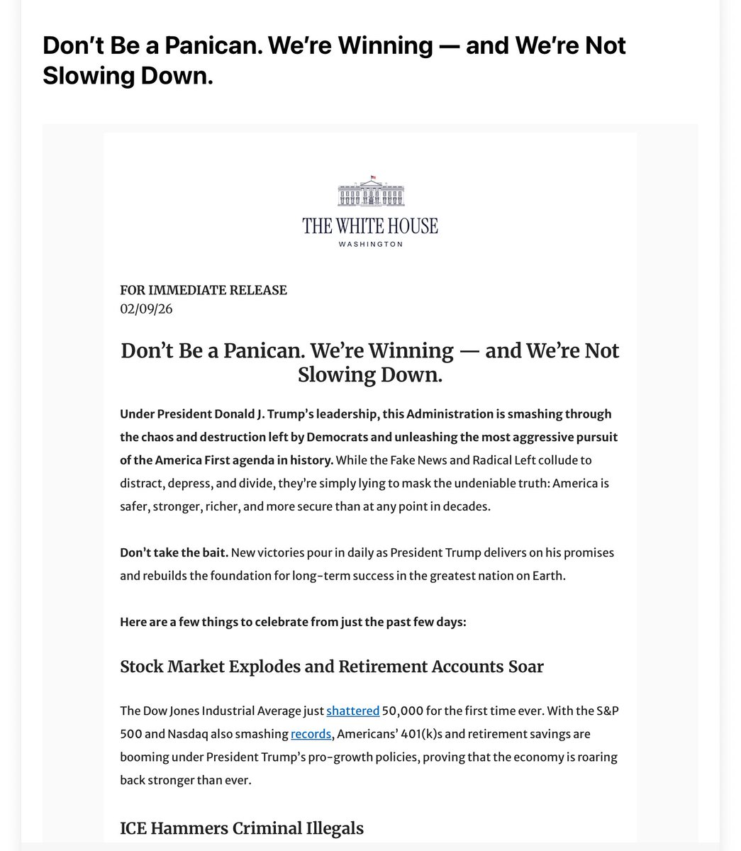 lrozen's tweet image. White House press release telling Republicans not to panic.