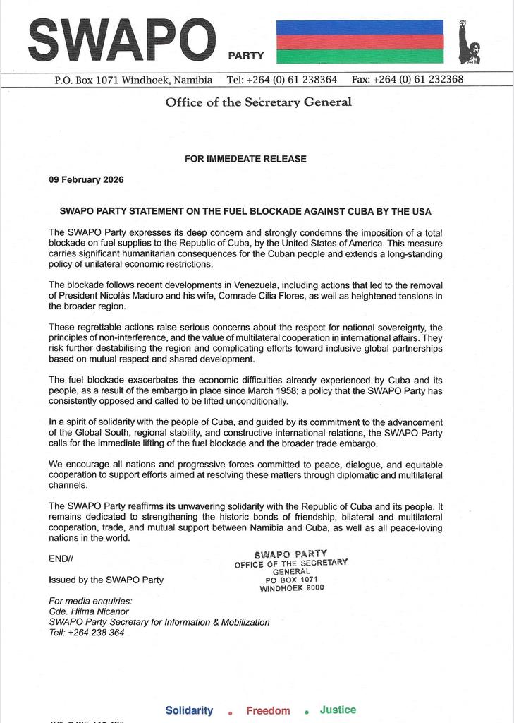🇳🇦 | El Partido SWAPO, de Namibia, expresó su profunda  preocupación ante la imposición de un bloqueo total al suministro de combustible a nuestro país, por parte de los Estados Unidos. 

#CubaNoEstáSola