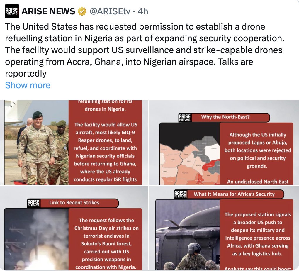 Here comes the US <a href="/USAfricaCommand/">U.S. Africa Command (AFRICOM)</a> base. This is exactly why <a href="/realDonaldTrump/">Donald J. Trump</a> bombed Nigeria in the name of so-called “Christian genocide,” and with this, the United States has positioned itself to gain complete control of Nigeria’s airspace under the guise of security