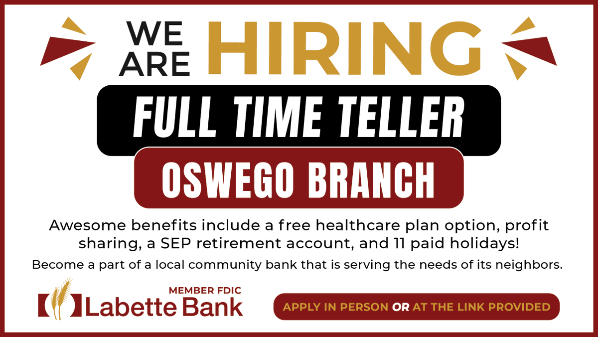 We’re hiring! Labette Bank is accepting applications for a Full-Time Teller at our Oswego branch. Check out the full 
job description at indeed.com/job/teller-c77…