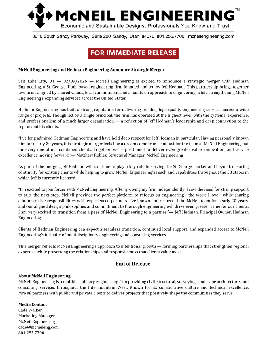 mcneileng's tweet photo. McNeil Engineering and Hedman Engineering have announced a strategic merger, expanding our capabilities while maintaining our shared values and local-first approach.

Full release:
https://t.co/REFLQTVRDK https://t.co/aWIP721Lkr