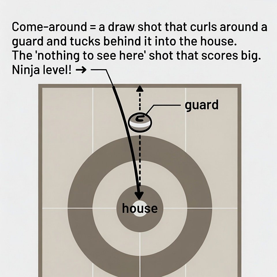Curling 101 for Total Newcomers #24
Come-around = a draw shot that curls around a guard and tucks behind it into the house. The "nothing to see here" shot that scores big. Ninja level! 🥷🥌