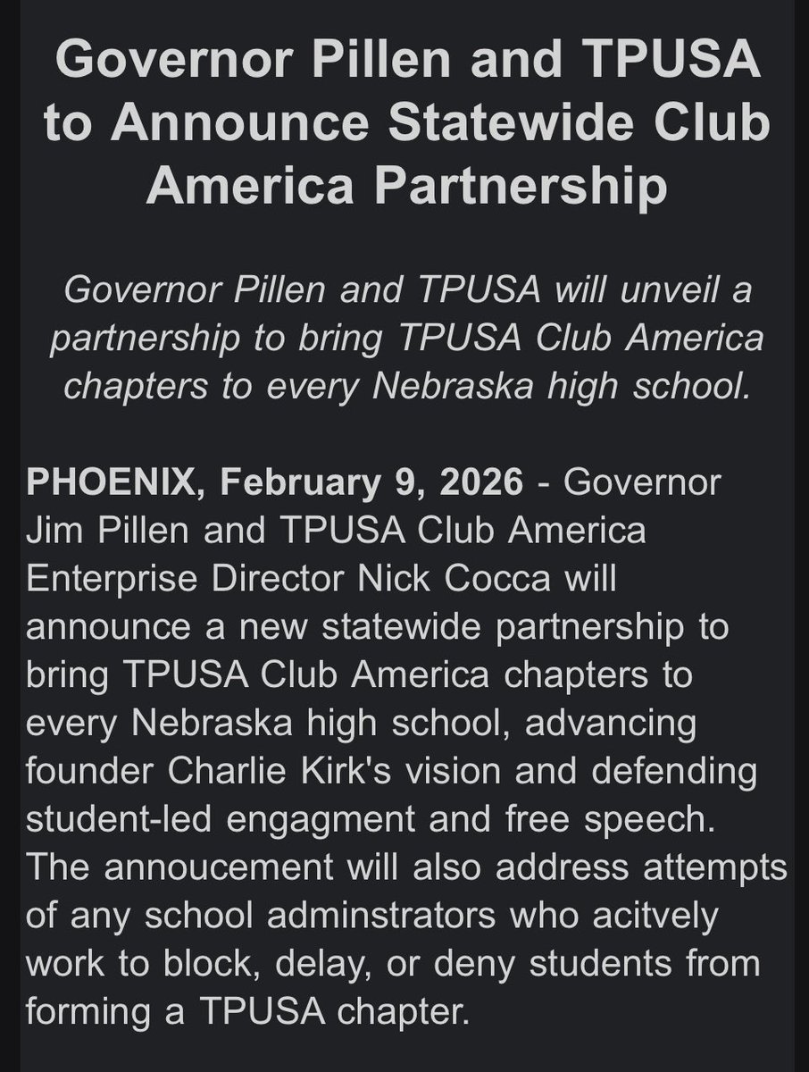 4nsmiley's tweet image. Nebraska Gov. Jim Pillen and Turning Point USA will unveil a partnership to bring TPUSA Club America chapters to every Nebraska high school.