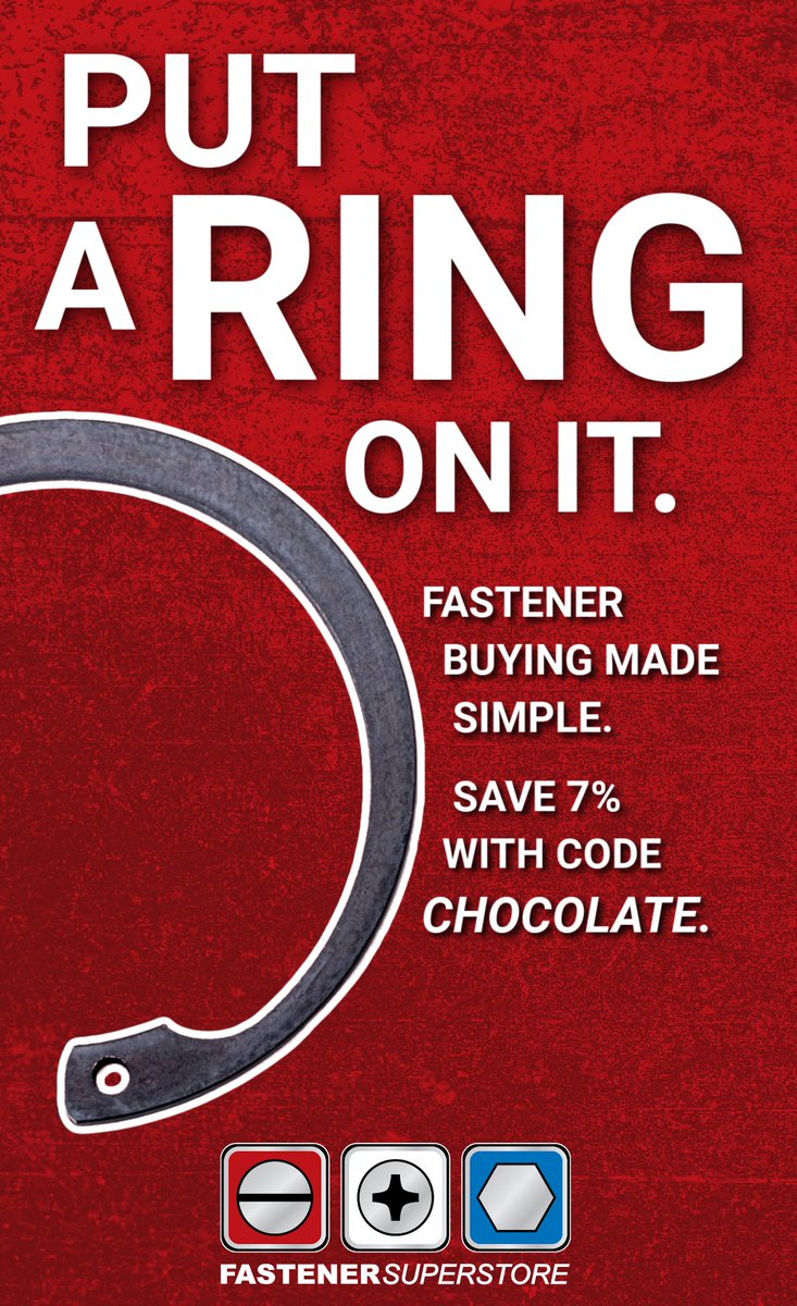 FastenerSS's tweet photo. A wise woman once said... If you like it then you should put a RING on it 💍

Fastener buying just got easier.
Save 7% with code CHOCOLATE, expiring 2/28! 🍫💌 https://t.co/Lk5YzE20L3