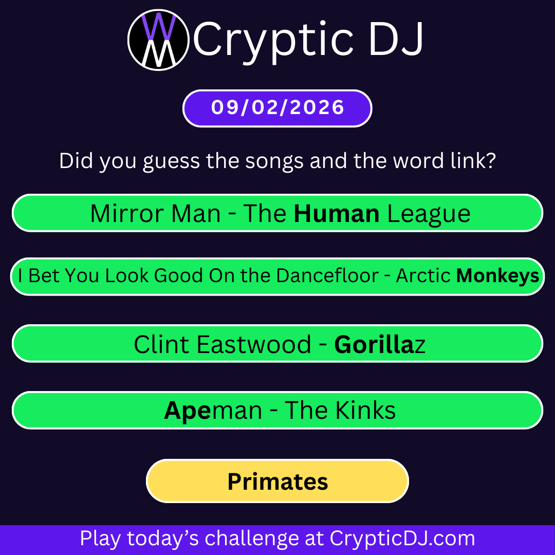 TheCrypticDJ's tweet photo. Take today's wordy music challenge at https://t.co/kgSCkXrDJl

No ads, no login, no install... just play!  …and watch the TV show at...  https://t.co/hQxi73zAET

#onlyconnect #NYTimesConnections #Connections #popmasterTM https://t.co/KuXJlTGJ6A