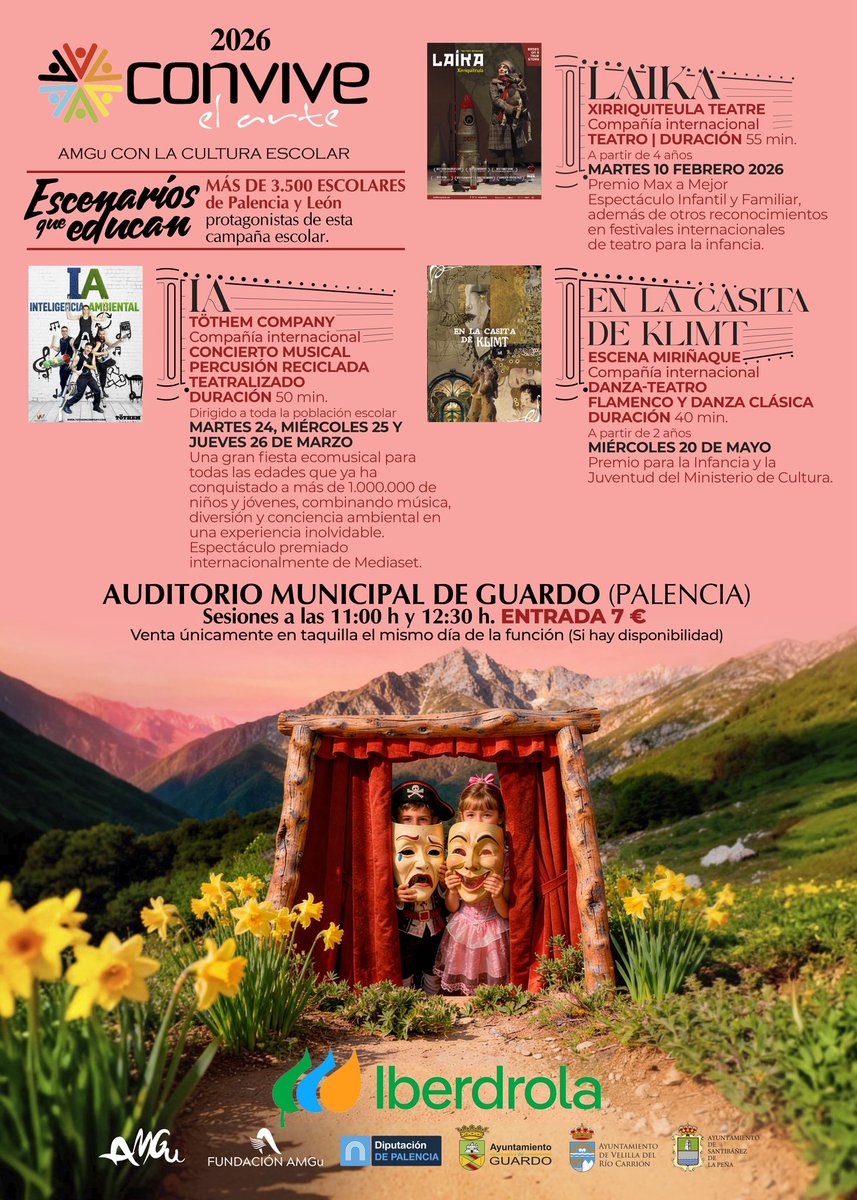 🎭 Mañana a las 11:00 y 12:30 h arranca Convivel-ARTE, AMGu con la cultura escolar.

“Escenarios que educan”, por los que pasarán más de 3.500 escolares de 35 centros educativos de Palencia y León a lo largo de los tres espectáculos programados.