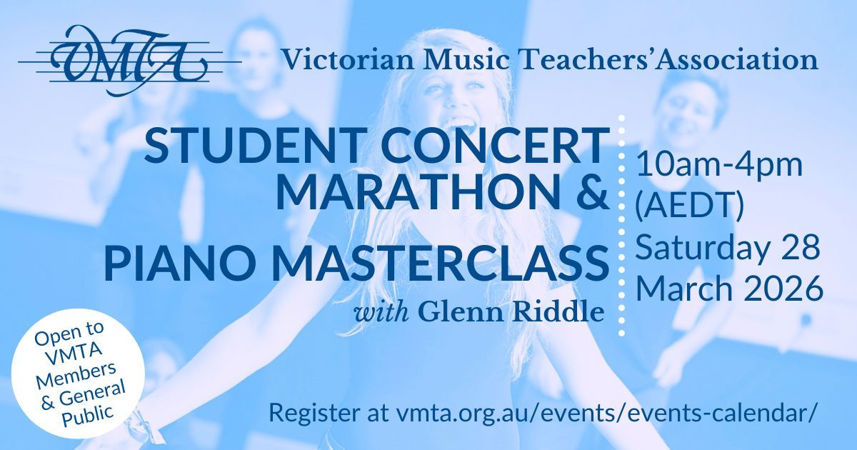 VMTAInc's tweet image. Join the VMTA and clinician Glenn Riddle for our Term 1 Student Concert, with two regular performance sessions and a Piano Masterclass.  🎻🎷🎹

🎶 Register now: vmta.org.au/eventdetails/3… 

#StudentConcert #Masterclass #PerformanceOpportunity