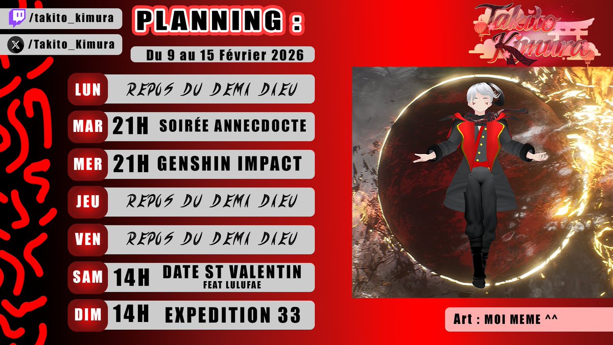 PLANNING DE LA SEMAINE
Mardi : Soirée Anecdote (Préparez vos histoires à l'avance ^^) 
Mercredi : Genshin impact en mode chill 
Samedi : SAINT VALENTIN "Date Vtuber" avec <a href="/LulufaeVt/">Lunafae Sylwen</a> 
Dimanche : Expédition 33

Que la déesse du Multivers vous guide vers la bonne voie