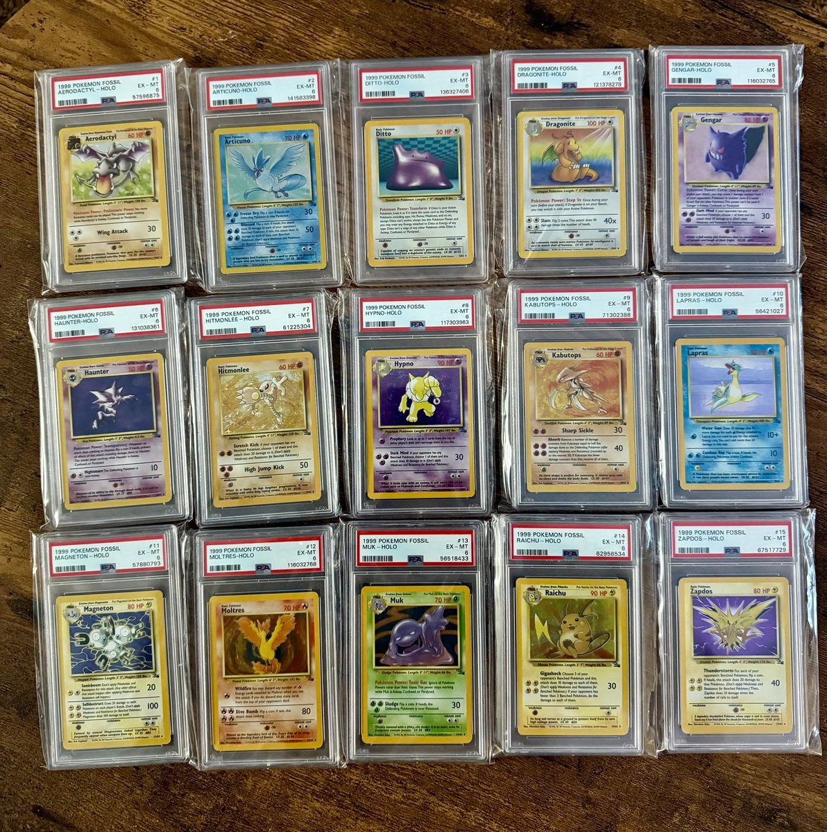 Complete Vintage Fossil Holo Set in PSA 6’s! I finished the Jungle set last week and have 1 more to go in the Base Set- excited for my first big Pokemon project to be completed!