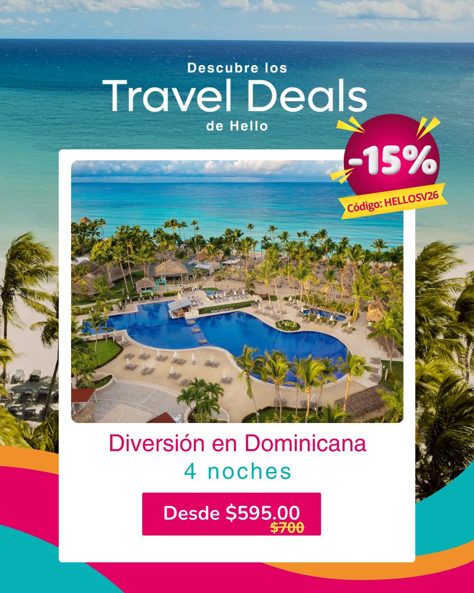 BookingHello's tweet photo. Viaja al Caribe al mejor precio 🌴✈️
Usa el código HELLOSV26 y disfruta más por menos. https://t.co/lo2lyTcKg7