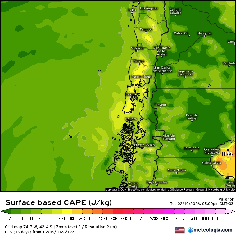 10-feb: Entre 11-20 h en La Araucanía-Los Ríos-Puerto Varas-Puerto Montt-Chiloé se prevé inestabilidad con CAPE suficiente y helicidad favorable. Existe probabilidad de tormenta, granizo, nubes embudo, trombas o tornado. Entre 11-15 h vorticidad en 500 hPa favorable en Los Lagos.
