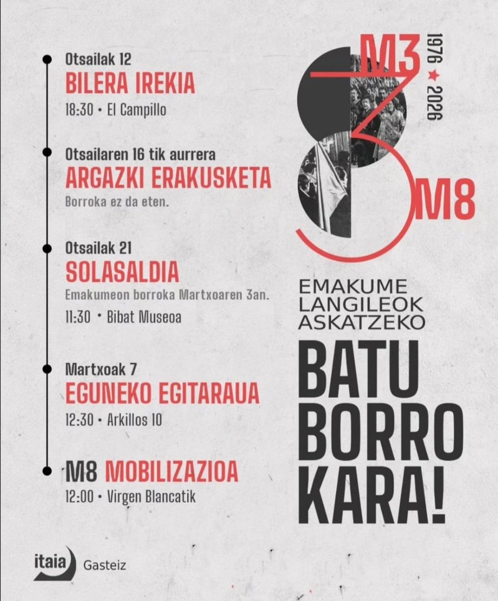 Itaia_Gasteiz's tweet photo. M8| Egitaraua

Emakume langileon zapalkuntza mantendu egin da.

Gure interesak lehenetsiko dituen proposamen iraultzaile bat eraikitzera bidean, hilabetean zehar antolatutako egitarauetan parte hartzeko gonbidapena zabaldu nahi dugu.

Emakume langileok askatzeko, batu borrokara! https://t.co/SDCP2My0MG
