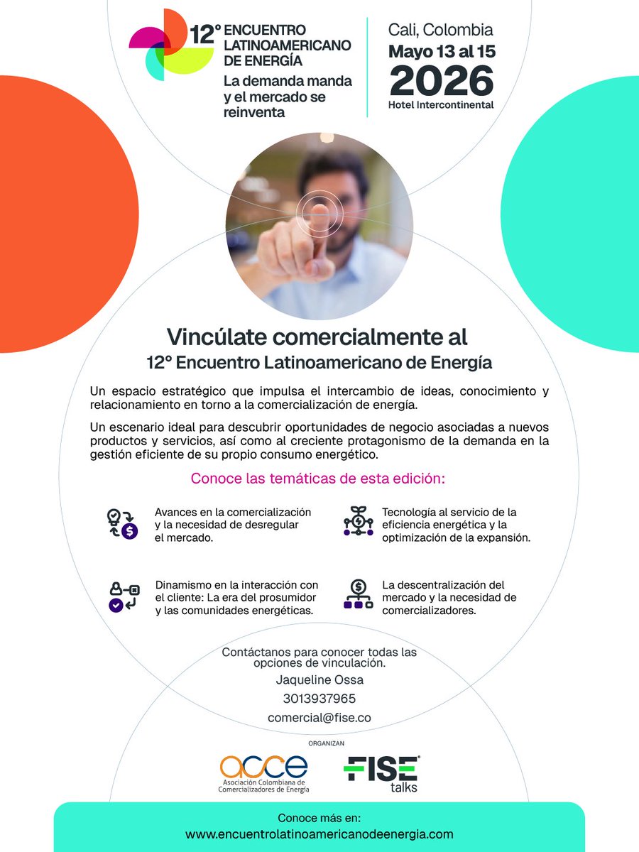 ⚡ El mercado energético se reinventa y tú puedes ser parte de él. Vincúlate comercialmente al 12° Encuentro Latinoamericano de Energía, que se tendrá lugar en📍Cali, del 🗓️ 13 al 15 mayo 2026. Conoce las opciones de patrocinio escribiéndonos al correo 👉 comercial@fise.co