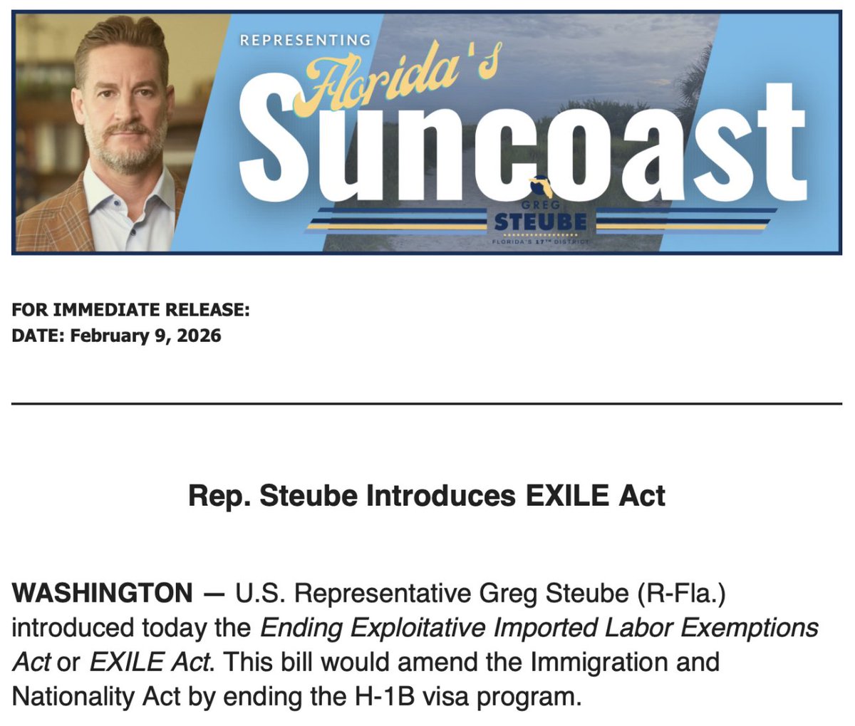 Today I’m filing legislation to end the H-1B visa program.

American workers have been ripped off by the corrupt H-1B visa program for far too long. Corporations have repeatedly abused this system to help their bottom line by importing cheaper foreign labor which has suppressed