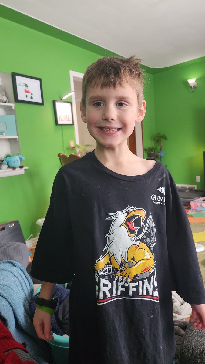 My son insisted on wearing an adult XL shirt today for his birthday because he wanted to wear <a href="/griffinshockey/">Grand Rapids Griffins</a> gear and couldnt find his shirt that actually fits him 🤣 

(I cant believe in have an 8 year old today 😭)