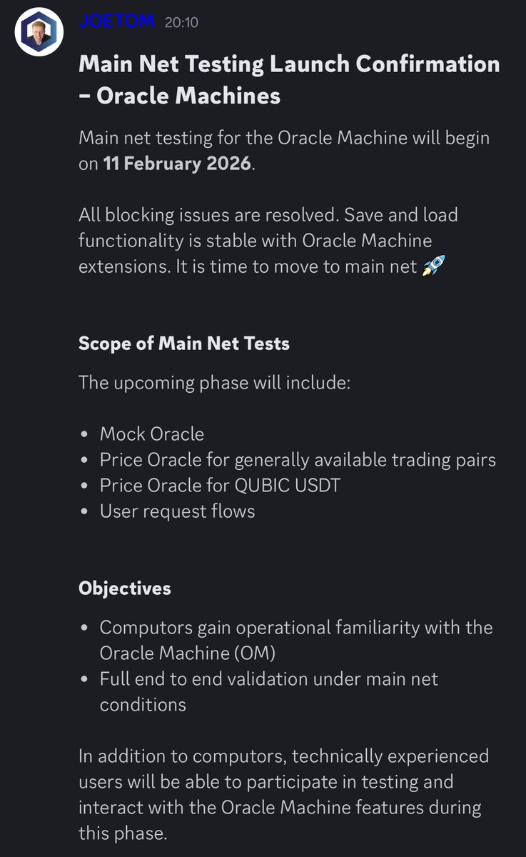 🚀 IT’S HAPPENING.

$Qubic Oracle Machines are moving to Main Net testing.
📅 11 February 2026

All blocking issues resolved.
Save &amp; load stable.
Extensions ready.

🧠 What’s being tested on Qubic main net:
• Mock Oracle
• Price Oracles (general trading pairs)
• QUBIC / USDT