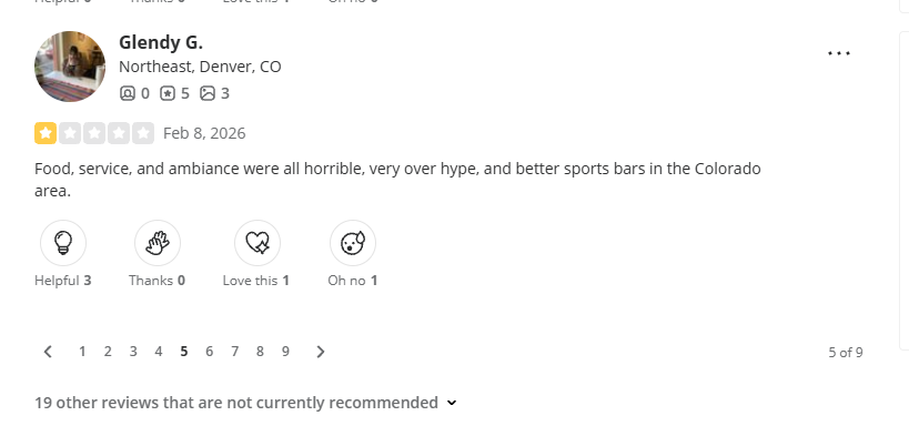<a href="/DaniJurinsky/">Danielle Jurinsky</a> couple things:
1) your bar didn't get a single review yesterday on Google
2) you got one single review via Yelp, which didn't mention the half time show. 
3) but you decided to wake up today and post about your one review about the poor service?