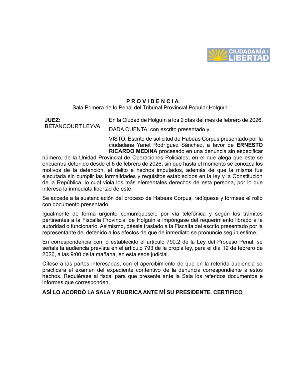 📢Tribunal de Holguín admite habeas corpus por la detención de Kamil Zayas Pérez y Ernesto Ricardo Medina

El Tribunal Provincial Popular de Holguín admitió este 9 de febrero el recurso de habeas corpus presentado por Yanet Rodríguez Sánchez a favor de los jóvenes Kamil Zayas